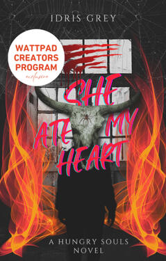 The cover of She Ate My Heart by Idris Grey featuring a bull skull over a dark silhouette wreathed in flames